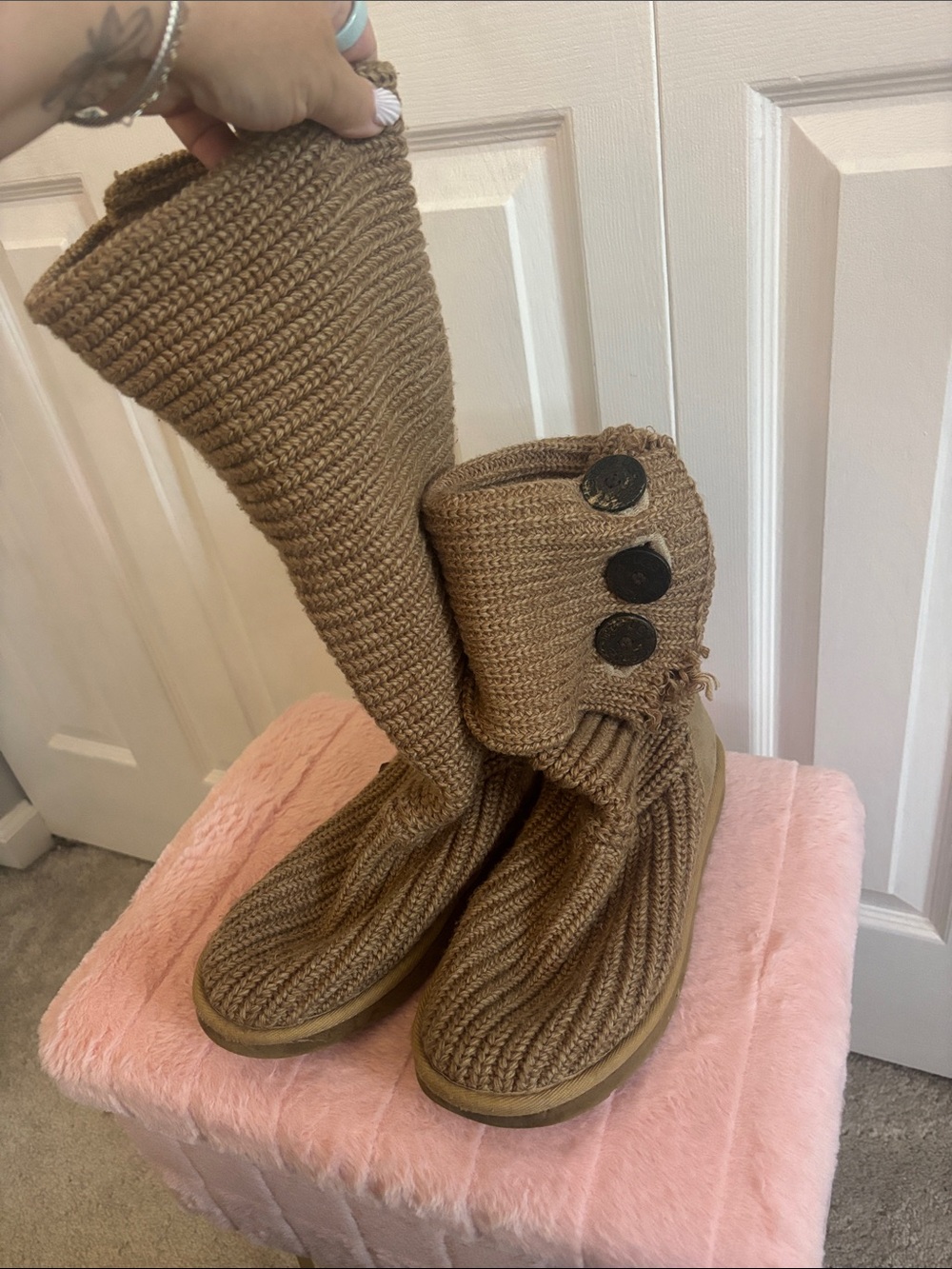 UGG Women's Knit Button Tall Boot in Brown